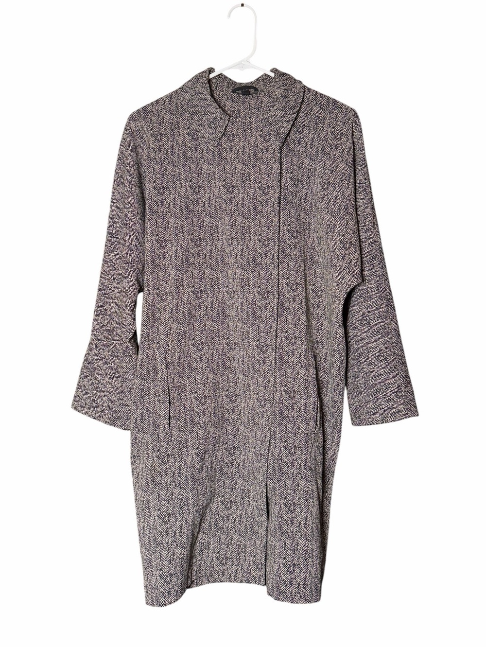 Topshop Black & Beige Herringbone Long Trench Style Coat Sz 2